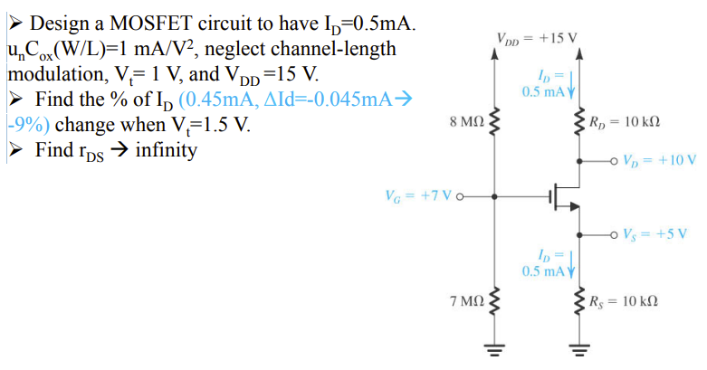 Design a MOSFET circuit to have ID = 0.5 mA. unCox(W/L) = 1 mA/V2, neglect channel-length modulation, Vt = 1 V, and VDD = 15 V. 
Find the % of ID (0.45 mA, ?Id = -0.045 mA -> 9% ) change when Vt = 1.5 V. 
Find rDS -> infinity
