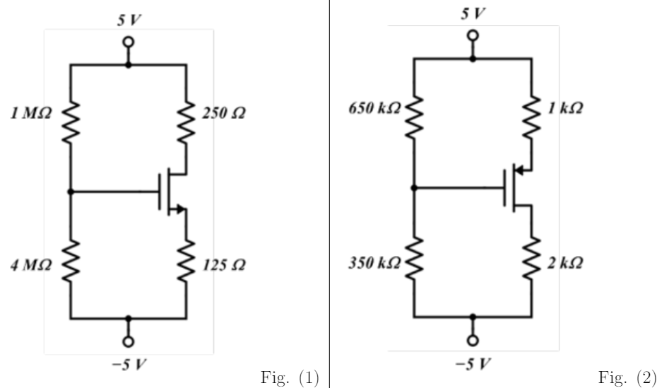 In the following circuits (Figs. 1 and 2), assume that all devices have |VTh|= 2V and exhibit |ID(sat)|= 2mA when |VGS |= 3V.
1. Solve for the drain current IDfor the MOSFET in Fig. (1)
2. Solve for the drain current IDfor the MOSFET in Fig. (2)
NOTE!!: You can check your answers for problems 1 and 2 using KVL. The positive current ID direction for NMOS/PMOS devices is indicated by the arrow direction on the transistor