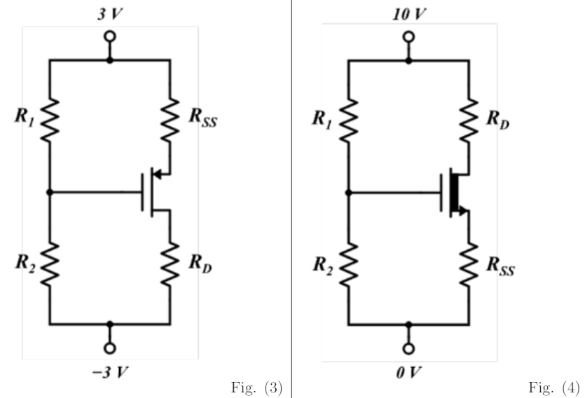 In the following circuits (Figs. 3 and 4), assume that |VTh|= 1Vand |ID(sat)|= 1mA when |VGS |= 3V. For problems 3a, 3b, 4a, and 4b, the transistors MUST have a drain current of 3mA (|ID|= 3mA).
3a. Design Fig. 3 circuit (i.e., Compute appropriate resistor values based on the drain current and supply values).
3b. For Fig. 3 circuit, if R1= 10 kohm, RSS = 500 ohm, and the transistor is known to be operating in the saturation region, what is the value of R2?
4a. Design Fig. 4 circuit (i.e., Compute appropriate resistor values based on the drain current and supply values). 
4b. For Fig. 4 circuit, if RSS = 500 ohm, what is the largest RD value that will allow the transistor to still operate in the saturation regime?

