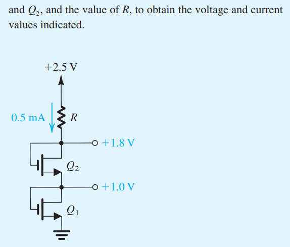 The NMOS transistors in the circuit of Fig. P5.50 have Vt = 0.5 V, unCox = 250 uA/V^2, lambda = 0, and L1, L2 = 0.25 um. Find the required values of gate width for each of Q1 and Q2, and the value of R, to obtain the voltage and current values indicated. 