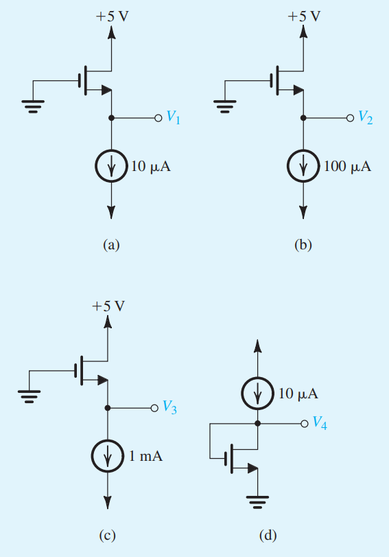 For each of the circuits in Fig. P5.56, find the labeled node voltages. For all transistors, k’n(W/L) = 0.5 mA/V2 , Vt = 0.8 V, and λ = 0.