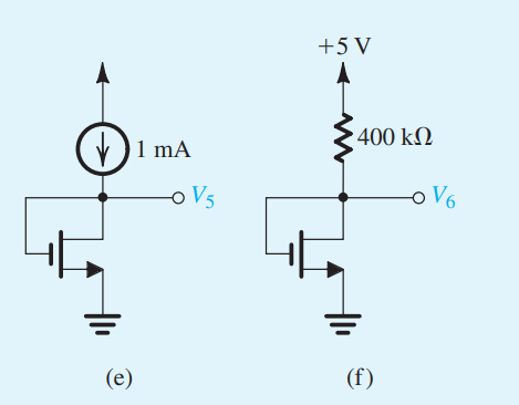 For each of the circuits in Fig. P5.56, find the labeled node voltages. For all transistors, k’n(W/L) = 0.5 mA/V2 , Vt = 0.8 V, and λ = 0.