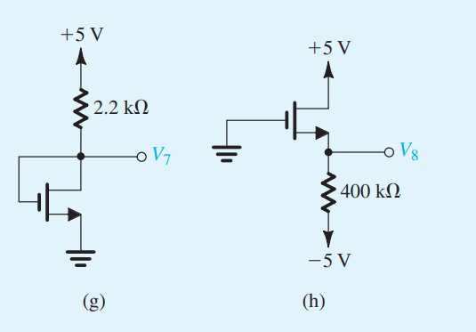 For each of the circuits in Fig. P5.56, find the labeled node voltages. For all transistors, k’n(W/L) = 0.5 mA/V2 , Vt = 0.8 V, and λ = 0.