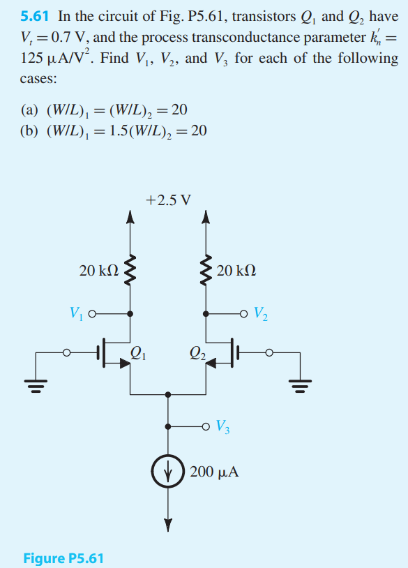 In the circuit of Fig. P5.61, transistors Q1 and Q2 have Vt = 0.7 V, and the process transconductance parameter k’n = 125 μA/V2. Find V1, V2, and V3 for each of the following cases: (a) (W/L)1 = (W/L)2 = 20 (b) (W/L)1 = 1.5(W/L)2 = 20
