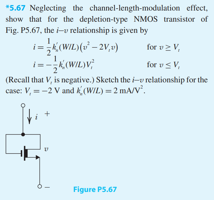 Neglecting the channel-length-modulation effect, show that for the depletion-type NMOS transistor of Fig. P5.67, the i−v relationship is given by i = 1/2 k’n(W/L)(v2 −2Vtv) for v ≥ Vt   i = −1/2 k’n(W/L)V2t for v ≤ Vt  (Recall that Vt is negative.) Sketch the i−v relationship for the case: Vt = −2 V and k’n(W/L) = 2 mA/V2 .
