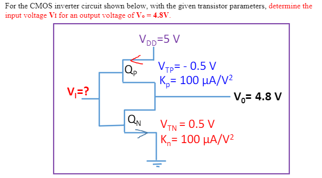 For the CMOS inverter circuit shown below, with the given transistor parameters, determine the input voltage V1 for an output voltage of Vo = 4.8V.