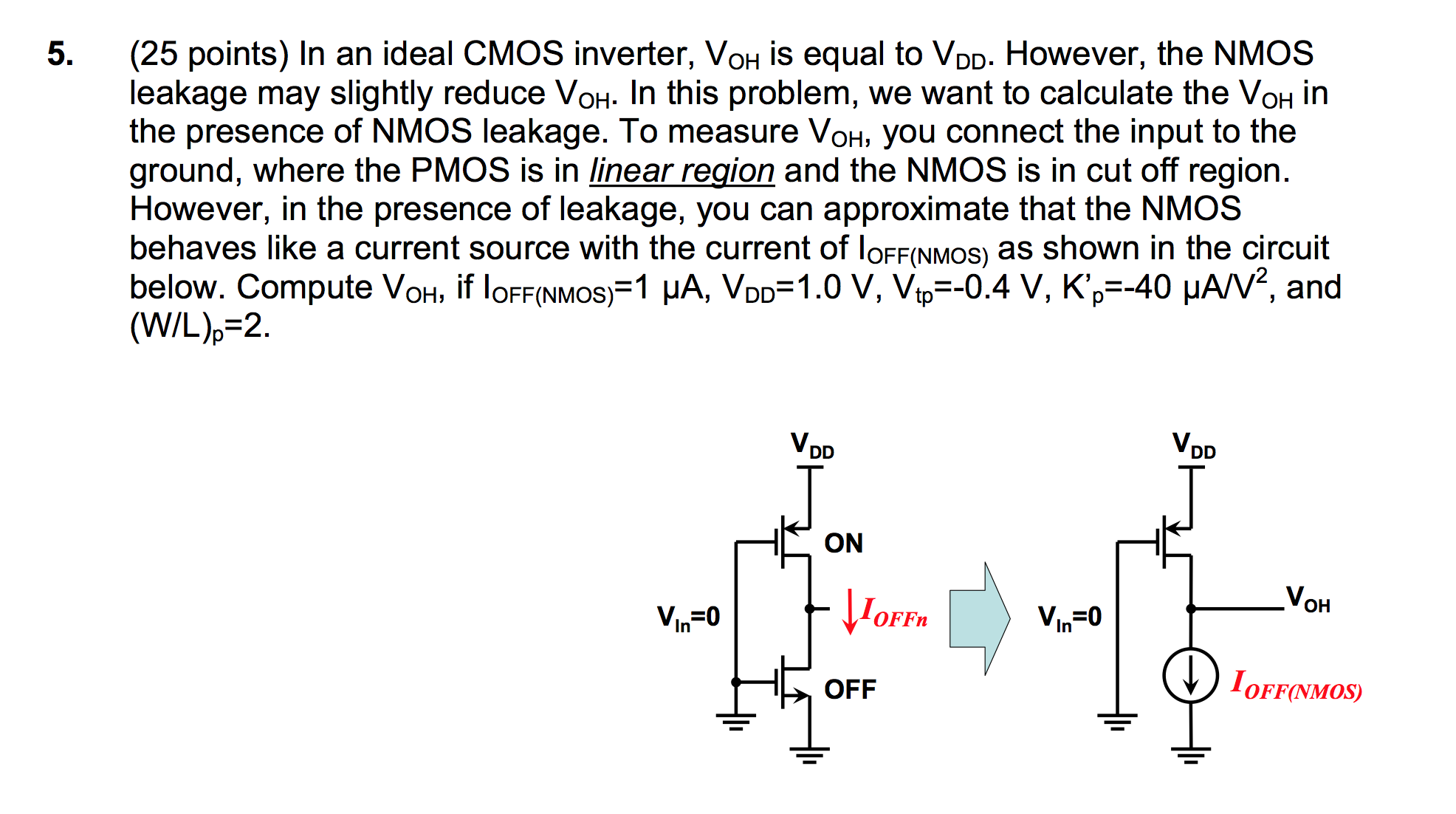 In an ideal CMOS inverter, VOH is equal to VDD. However, the NMOS leakage may slightly reduce VOH. In this problem, we want to calculate the VOH in the presence of NMOS leakage. To measure VOH, you connect the input to the ground, where the PMOS is in linear region and the NMOS is in cut off region. However, in the presence of leakage, you can approximate that the NMOS behaves like a current source with the current of IOFF(NMOS) as shown in the circuit below. Compute VOH, if IOFF(NMOS) = 1 uA, VDD = 1.0 V, Vtp = -0.4 V, K'p = -40 mu A/V2, and (W/L)p = 2.