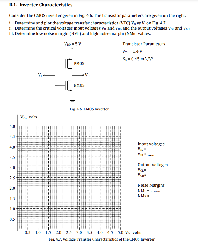 Consider the CMOS inverter given in Fig. 4.6. The transistor parameters are given on the right. 
i. Determine and plot the voltage transfer characteristics (VTC) Vo vs Vi on Fig. 4.7. 
ii. Determine the critical voltages input voltages VIL and ViIH, and the output voltages VOL and VOH. 
ii. Determine low noise margin (NML) and high noise margin (NMH) values
