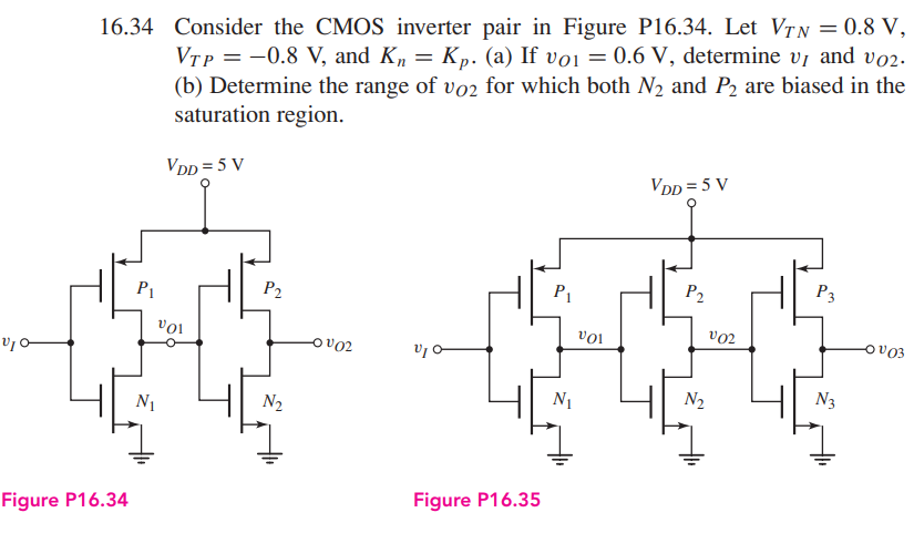 Consider the CMOS inverter pair in Figure P16.34. Let VTN = 0.8 V, VTP = -0.8 V, and Kn = Kp . (a) If vO1 = 0.6 V, determine vI and vO2. (b) Determine the range of vO2 for which both N2 and P2 are biased in the saturation region.