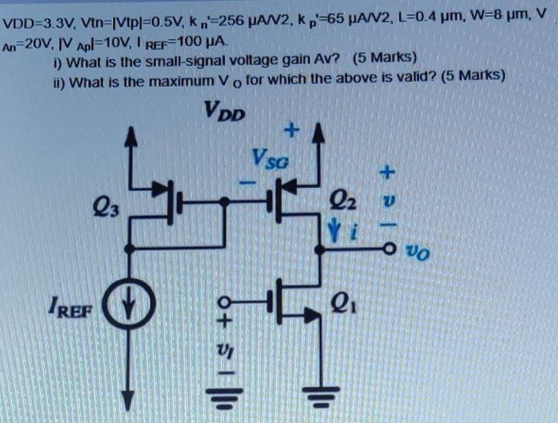 VDD = 3.3 V, Vtn  = |Vtp| = 0.5V, kn' = 256 uA/V2, kp' = 65 uA/V2, L = 0.4 um, W = 8 um, VAn = 20 V, |VAp| = 10V, Iref = 100 uA. i) What is the small-signal voltage gain Av? ii) What is the maximum Vo for which the above is valid?