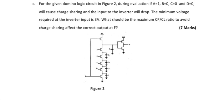 For the given domino logic circuit in Figure 2, during evaluation if A=1, B=0, C=0 and D=0, will cause charge sharing and the input to the inverter will drop. The minimum voltage required at the inverter input is 3V. What should be the maximum CP/CL ratio to avoid charge sharing affect the correct output at F?