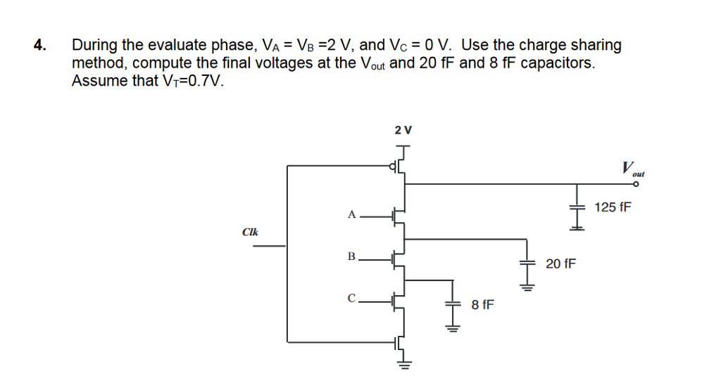 During the evaluate phase, VA = VB = 2 V, and VC = 0 V. Use the charge sharing method, compute the final voltages at the Vout and 20 fF and 8 fF capacitors. Assume that VT = 0.7V.