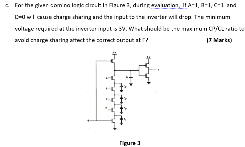 For the given domino logic circuit in Figure 3, during evaluation, if A=1, B=1, C=1 and D=0 will cause charge sharing and the input to the inverter will drop. The minimum voltage required at the inverter input is 3V. What should be the maximum CP/CL ratio to avoid charge sharing affect the correct output at F?