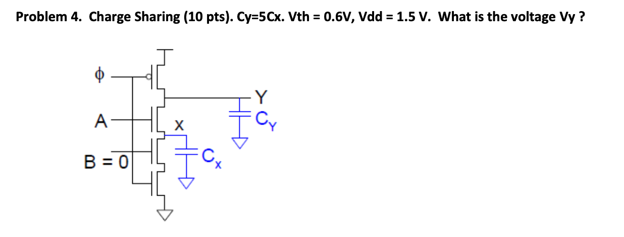 Charge Sharing (10 pts). Cy = 5Cx. Vth = 0.6V, Vdd = 1.5 V. What is the voltage Vy?