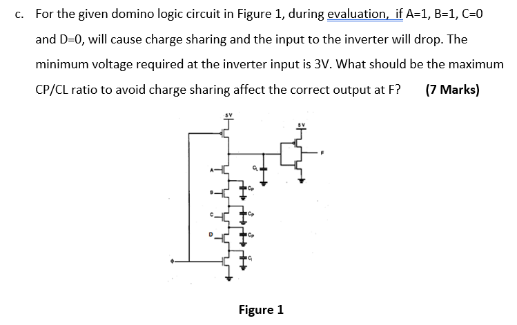 For the given domino logic circuit in Figure 1, during evaluation, if A=1, B=1, C=0 and D=0, will cause charge sharing and the input to the inverter will drop. The minimum voltage required at the inverter input is 3V. What should be the maximum CP/CL ratio to avoid charge sharing affect the correct output at F?