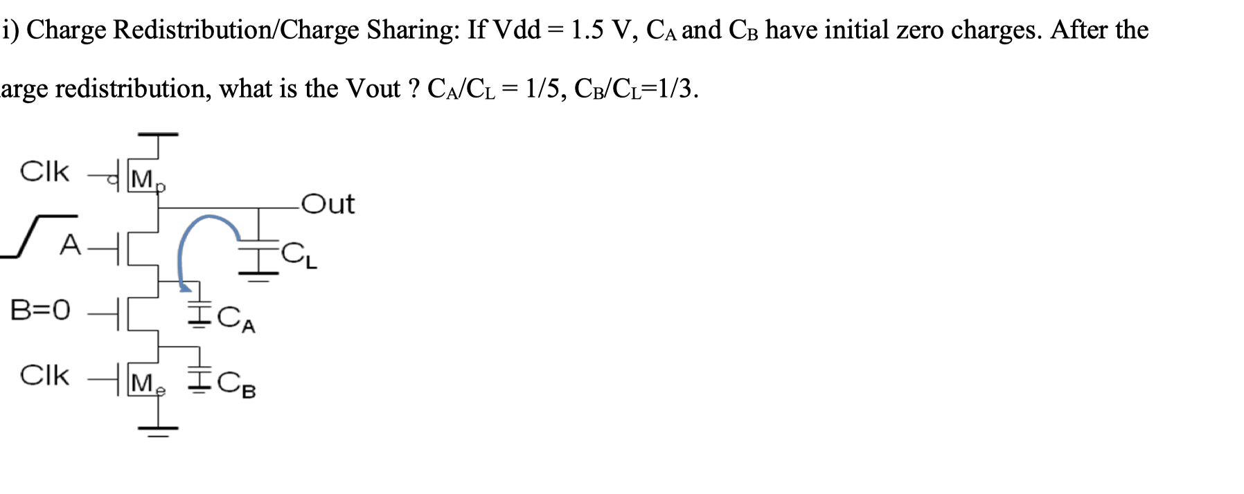 Charge Redistribution/Charge Sharing: If Vdd = 1.5 V, CA and CB have initial zero charges. After the charge redistribution, what is the Vout? CA/CL = 1/5, CB/CL= 1/3