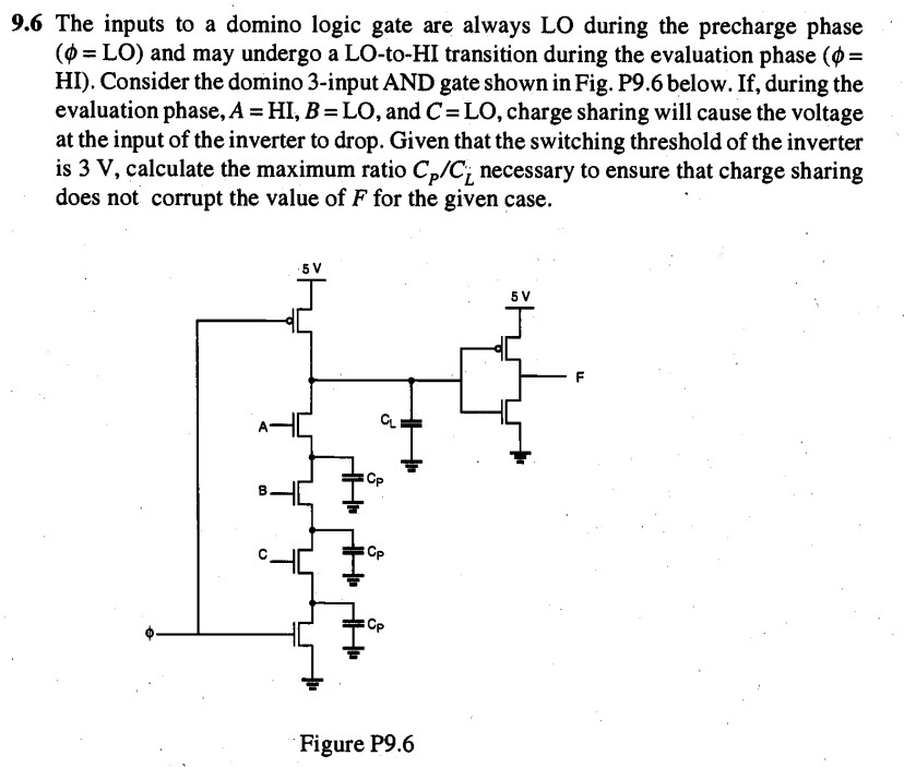 The inputs to a domino logic gate are always LO during the precharge phase ( phi = LO) and may undergo a LO-to-HI transition during the evaluation phase ( phi = HI). Consider the domino 3-input AND gate shown in Fig. P9.6 below. If, during the evaluation phase, A = HI, B = LO, and C = LO, charge sharing will cause the voltage at the input of the inverter to drop. Given that the switching threshold of the inverter is 3 V, calculate the maximum ratio CP/CL necessary to ensure that charge sharing does not corrupt the value of F for the given case.