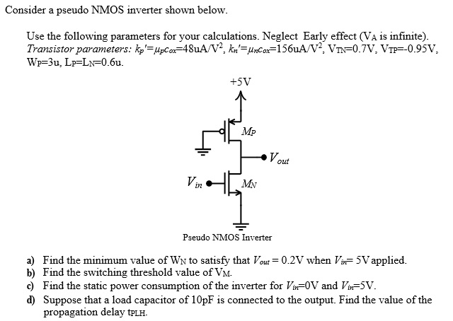 Consider a pseudo NMOS inverter shown below. Use the following parameters for your calculations. Neglect Early effect (VA is infinite)
 Transistor parameters: kp