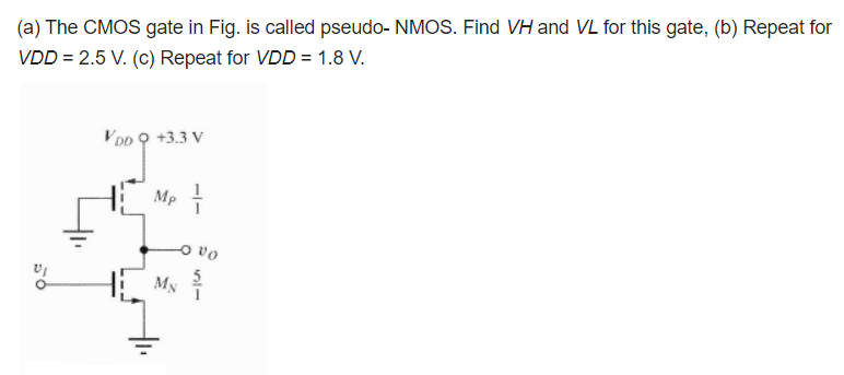 (a) The CMOS gate in Fig. P7.15 is called pseudo-NMOS. Find VH and VL for this gate. (b) Repeat for VDD = 2.5 V. (c) Repeat for VDD = 1.8 V.  (a) The CMOs gate in Fig. is called pseudo-NMOS. Find VH and VL for this gate, (b) Repeat for VDD = 2.5 V. (C) Repeat for VDD = 1.8 V.