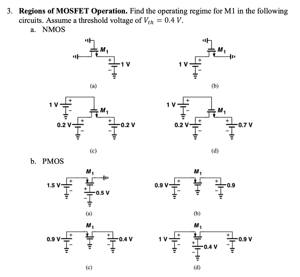 Regions of MOSFET Operation. Find the operating regime for M1 in the following circuits. Assume a threshold voltage of Vth = 0.4 V. a. NMOS b. PMOS