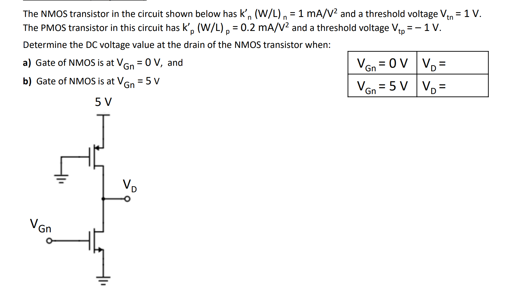 The NMOS transistor in the circuit shown below has kn'(W/L)n = 1 mA/V^2 and a threshold voltage Vtn = 1 V. The PMOS transistor in this circuit has kp(W/L)p = 0.2 mA/V^2 and a threshold voltage Vtp = -1 V. Determine the DC voltage value at the drain of the NMOS transistor when: a) Gate of NMOS is at VGn = 0 V b) Gate of NMOS is at VGn = 5 V