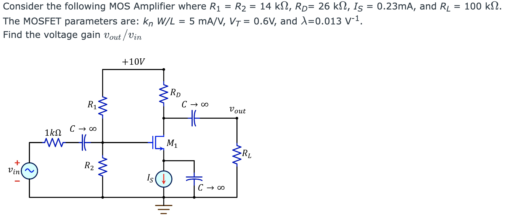  Consider the following MOS Amplifier where R1 = R2 = 14 kohm, RD = 26 kohm, IS = 0.23 mA, and RL = 100 kohm. The MOSFET parameters are: knW/L = 5 mA/V, VT = 0.6 V, and lambda = 0.013 V^-1. Find the voltage gain vout/vin. 