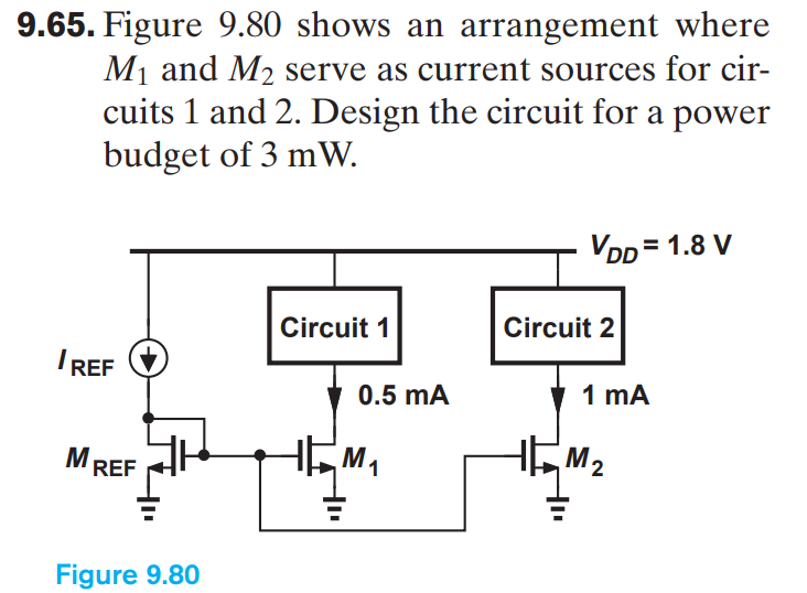 Figure 9.80 shows an arrangement where M1 and M2 serve as current sources for circuits 1 and 2. Design the circuit for a power budget of 3 mW. Figure 9.77 shows an arrangement where M1 and M2 serve as current sources for circuits 1 and 2. Design the circuit for a power budget of 3 mW. Figure 2 shows an arrangement where M1 and M2 serve as current sources for circuits 1 and 2. Design the circuit (that is, find suitable values of IREF and W/L ratio of the 3 MOSFETs) for a power budget of 3 mW.
