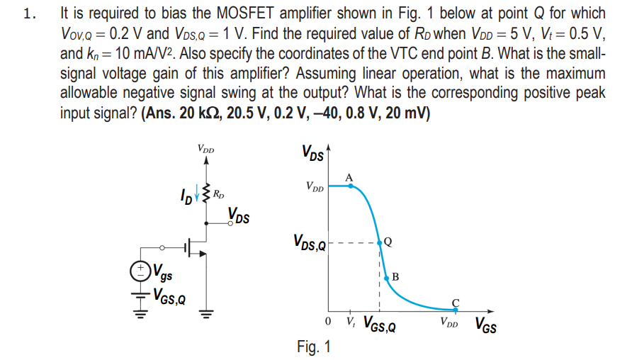 It is required to bias the MOSFET amplifier shown in Fig. 1 below at point Q for which VOV,Q = 0.2 V and VDS,Q = 1 V. It is required to bias the MOS amplifier of Fig. 7.3 at point Q for which VOV = 0.2 V and VDS = 1 V. Find the required value of RD when VDD = 5 V, Vt = 0.5 V, and kn = 10 mA/V2. Also specify the coordinates of the VTC end point B. What is the small signal voltage gain of this amplifier? Assuming linear operation, what is the maximum allowable negative signal swing at the output? What is the corresponding positive peak input signal?