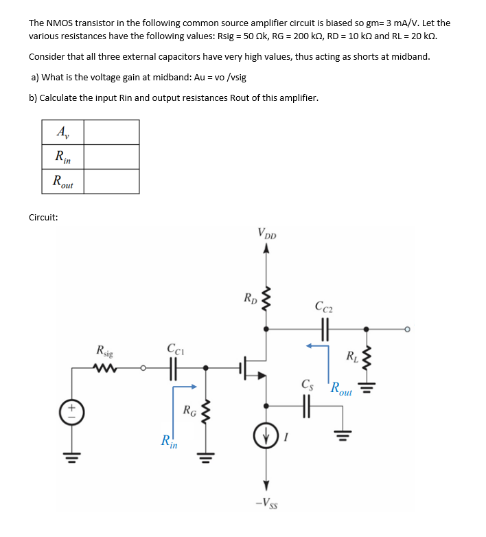 The NMOS transistor in the following common source amplifier circuit is biased so gm = 3 mA/V. Let the various resistances have the following values: Rsig = 50 kohm , RG = 200 kohm, RD = 10 kohm and RL = 20 kohm. Consider that all three external capacitors have very high values, thus acting as shorts at midband. a) What is the voltage gain at midband: Av = vo/vsig b) Calculate the input Rin and output resistances Rout of this amplifier.