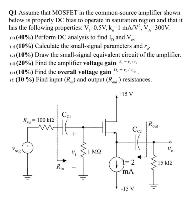 Assume that MOSFET in the common-source amplifier shown below is properly DC bias to operate in saturation region and that it has the following properties: Vt = 0.5 V, kn= 1 mA/V2, VA = 300 V. (a) (40%) Perform DC analysis to find ID and Vov. (b) (10%) Calculate the small-signal parameters and ro. (c) (10%) Draw the small-signal equivalent circuit of the amplifier. (d) (20%) Find the amplifier voltage gain Av = vo/vi (e) (10%) Find the overall voltage gain Gv = vo/vsig. (f) (10%) Find input (Rin ) and output (Rout) resistances.