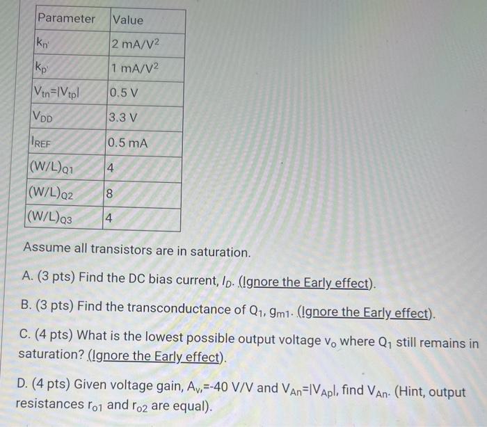 A. (3 pts) Find the DC bias current, ID. (Ignore the Early effect). B. (3 pts) Find the transconductance of Q1, gm1. (Ignore the Early effect). C. (4 pts) What is the lowest possible output voltage v0 where Q1 still remains in saturation? (Ignore the Early effect). D. (4 pts) Given voltage gain, AV, = -40 V/V and VAn= |VAp|, find VAn. (Hint, output resistances r01 and r02 are equal). Given NMOS integrated common source amplifier below, with parameters as listed, answer the following questions. Make sure to show your work and answers on work paper, including the answer with units, and put a box around the final answers. Only your work paper will be graded. Assume all transistors are in saturation. 