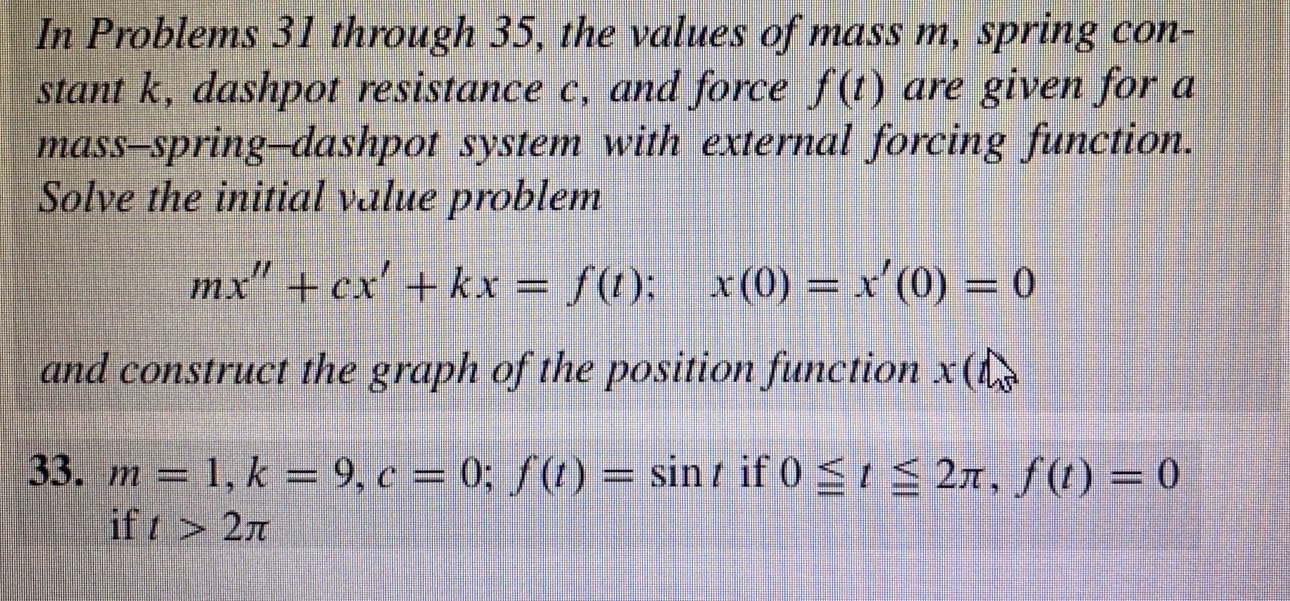 In Problems 31 through 35, the values of mass m, spring constant k, dashpot resistance c, and force f(t) are given for a mass-spring-dashpot system with external forcing function. Solve the initial value problem mx'' + cx' + kx = f(t); x(0) = x'(0) = 0 and construct the graph of the position function x(t). 33. m = 1, k = 9, c= 0; f(t) = sint if 0 < t< 2pi, f(t) = 0 if t > 2pi.