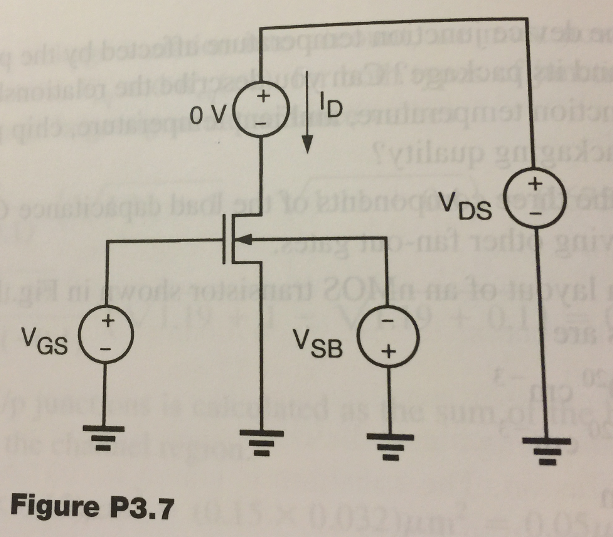 A set of I-V characteristics for an nMOS transistor at room temperature is shown for different biasing conditions. Figure P3.7 shows the measurement setup. Using the data, find : (a) the threshold voltage VT0 and, (b) velocity saturation vsat. Some of the parameters are given as: W = 0.6 um, EcL = 0.4 V, lambda = 0.05, tox = 16 A, |2phiF| = 1.1 V.