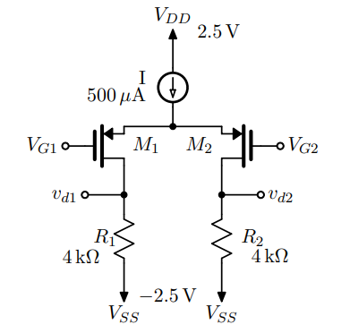 For the PMOS differential amplifier shown in Fig. P8.2 let Vtp = -0.8 V and kp'W/L = 4 mA/V^2. Neglect channel-length modulation.
(a) For VG1 = VG2 = 0V, find Vov and VGS for each of Q1 and Q2. Also find Vs, VD1, and VD2.
(b) If the current source requires a minimum voltage of 0.5 V, find the input common-mode range.
