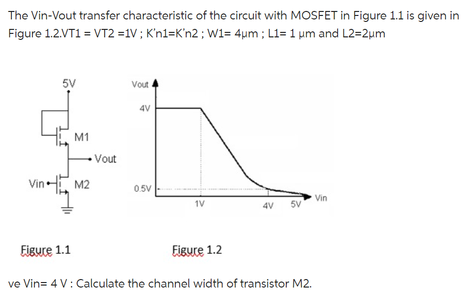 The Vin-Vout transfer characteristic of the circuit with MOSFET in Figure 1.1 is given in Figure 1.2.VT1 = VT2 =1V ; K'n1 = K'n2 ; W1 = 4 um ; L1 = 1 um and L2 = 2 um. Vin= 4 V : Calculate the channel width of transistor M2. 
For the given MOSFET circuit, Vin-Vout transfer characteristic of this circuit is provided below. Calculate channel width of M2 transistor (W2) if VT1 = V12 = 1 V ; Kn1 = Kn2; W1 = 4um ; L1 = 1um, L2 = 2um and Vin = 4V. Kn = unCox and you need to check whether transistors are operating in saturation or not. M1 and M2 may not operate in the same region.