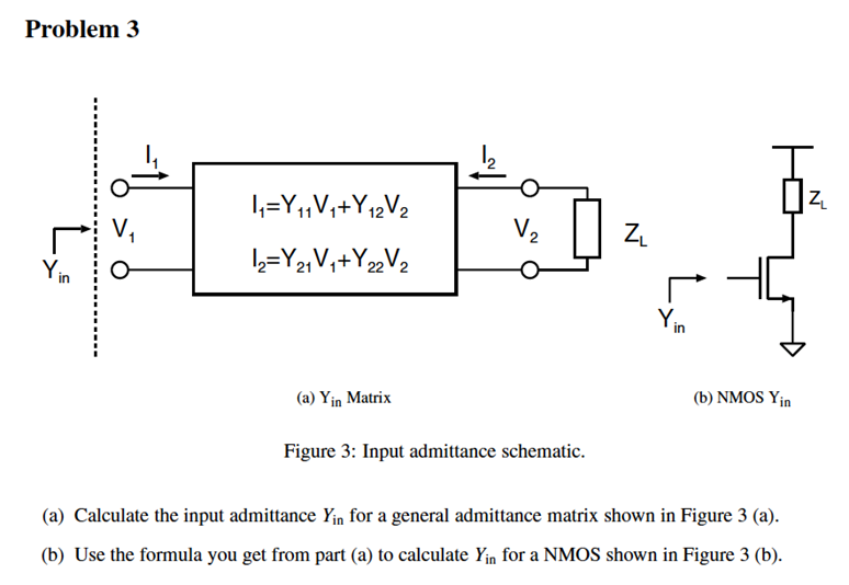 (a) Calculate the input admittance Yin for a general admittance matrix shown in Figure 3 (a). (b) Use the formula you get from part (a) to calculate Yin for a NMOS shown in Figure 3 (b).