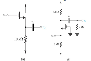 a) The NMOS transistor in the source-follower circuit of Fig(a) has Gm=5mA/V and a large Ro. Find the open-circuit voltage gain and the output resistance. b) The NMOS transistor in the common-gate amplifier of Fig(b) has Gm=5mA/V and a large Ro. Find the input resistance and the voltage gain. c) IF the output of the source follower in (a) is connected to the input of the common-gate amplifier in (b), use the results of (a) and (b) to obtain the overall voltage gain Vo/Vi