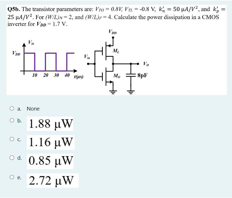 The transistor parameters are: VTO = 0.8V, VTL = -0.8 V, kn' = 50 µA/V2 , and kp' = 25 µA/V2. For (W/L)N = 2, and (W/L)P = 4. Calculate the power dissipation in a CMOS inverter for VDD = 1.7 V.