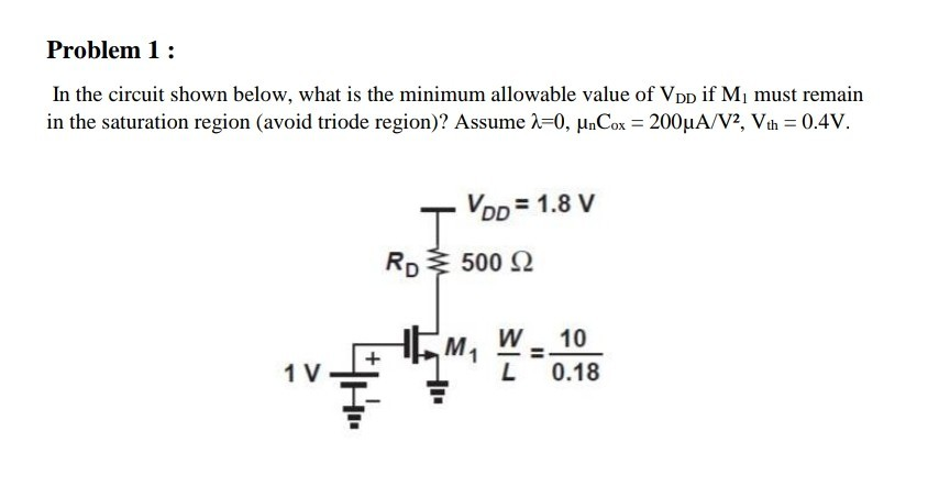 In the circuit shown below, what is the minimum allowable value of VDD if M1 must remain in the saturation region (avoid triode region)? Assume lambda = 0, unCox = 200 uA/V^2, Vth = 0.4 V.
In Figure 6.1, what is the minimum allowable value of VDD if M1 must not enter the triode region?