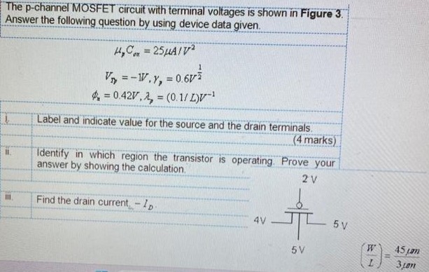 The p-channel MOSFET circuit with terminal voltages is shown in Figure 3. Answer the following question by using device data given. i. Label and indicate value for the source and the drain terminals. (4 marks) ii. Identify in which region the transistor is operating. Prove your answer by showing the calculation. iii. Find the drain current - ID