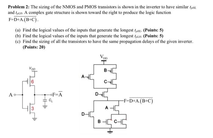 Problem 2: The sizing of the NMOS and PMOS transistors is shown in the inverter to have similar tpHL and tpLH. A complex gate structure is shown toward the right to produce the logic function F=D+A.(B+C)
(a) Find the logical values of the inputs that generate the longest tpHL. (Points: 5)
(b) Find the logical values of the inputs that generate the longest tpLH. (Points: 5)
(c) Find the sizing of all the transistors to have the same propagation delays of the given inverter.
(Points: 20)

