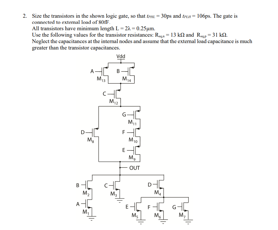 Size the transistors in the shown logic gate, so that tPHL = 30 ps and tPLH = 106 ps. The gate is connected to external load of 80fF.
All transistors have minimum length L = 2λ = 0.25 um.
Use the following values for the transistor resistances: Rsq,n = 13 kΩ and Rsq,p = 31 kΩ.
Neglect the capacitances at the internal nodes and assume that the external load capacitance is much greater than the transistor capacitances.