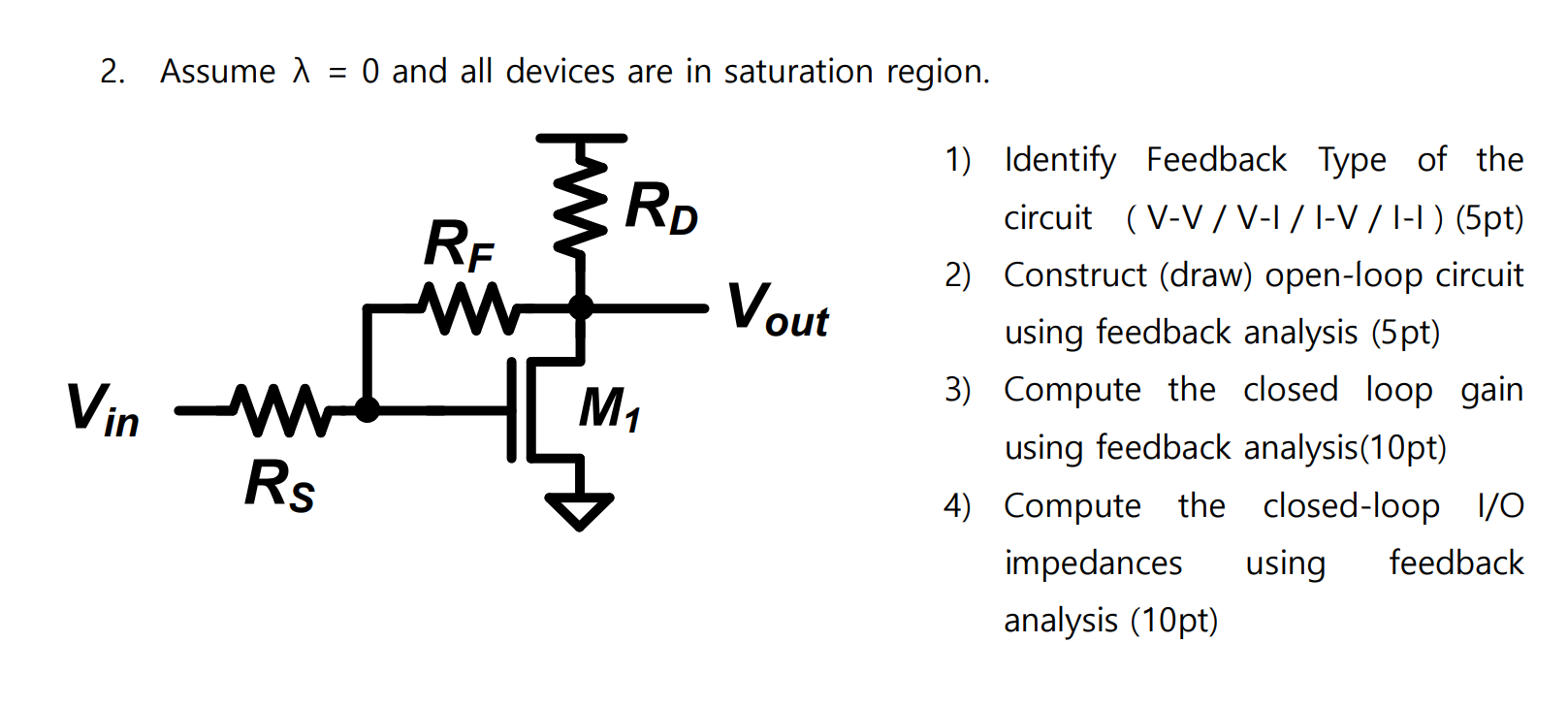 Assume λ = 0 and all devices are in saturation region. 1. Identify Feedback Type of the circuit ( V-V / V-I / I-V / I-I) 2. Construct (draw) open-loop circuit using feedback analysis 3. Compute the closed loop gain using feedback analysis 4. Compute the closed-loop I/O impedances using feedback analysis.