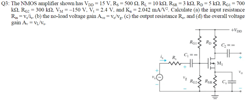 The NMOS amplifier shown has VDD = 15 V, RS = 500 Ω, RL = 10 kΩ, RSR = 3 kΩ, RD = 5 kΩ, RG1 = 700 kΩ, RG2 = 300 kΩ, VM = -150 V, Vt = 2.4 V, and Kn = 2.042 mA/V2. Calculate (a) the input resistance Rin = vs/is, (b) the no-load voltage gain Av = vo/vg, (c) the output resistance Ro, and (d) the overall voltage gain Av = vL/vS .