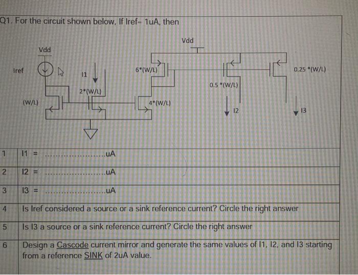 Design a Cascode current mirror and generate the same values of I1, I2, and I3 starting from a reference SINK of 2uA value For the circuit shown below, If Iref = 1 uA, then Is Iref considered a source or a sink reference current? Circle the right answer Is I3 a source or a sink reference current? Circle the right answer  