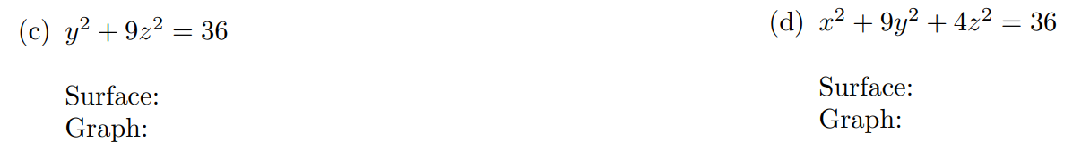 Identify the following quadric surfaces, and sketch a graph using at least three traces for each surface. Do not use technology to graph these. (a) z = 4 - x^2 - y^2 (b) x^2 + y^2 - z^2 = -3 (c) y^2 + 9z^2 = 36 (d) x^2 + 9y^2 + 4z^2 = 36