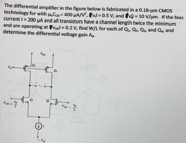 The differential amplifier in the figure below is fabricated in a 0.18-um CMOS technology for with unCox = 400 uA/V^2, |Vt| = 0.5 V, and |VA'| = 10 V/um. If the bias current I = 200 uA and all transistors have a channel length twice the minimum and are operating at |vov| = 0.2 V, find W/L for each of Q1, Q2, Q3, and Q4, and determine the differential voltage gain Ad.
The differential amplifier of Fig. 9.12(a) is fabricated in a 0.18-um CMOS technology for which un Cox = 4upCox = 400 uA/V^2, |Vt| = 0.5 V, and |VA'| = 10 V/um.