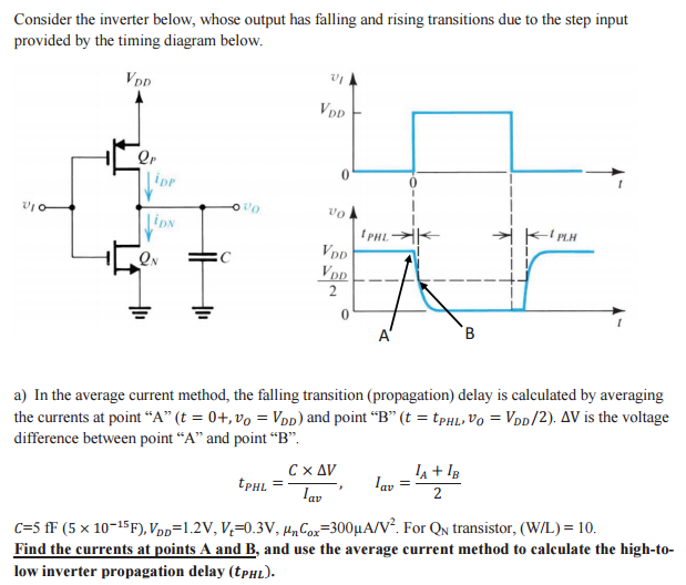 Consider the inverter below, whose output has falling and rising transitions due to the step input provided by the timing diagram below. a) In the average current method, the falling transition (propagation) delay is calculated by averaging the currents at point "A" (t = 0+, vo = VDD) and point "B" (t = tPHL, vo = VDD/2). Delta V is the voltage difference between point "A" and point "B". tPHL = C times Delta V/Iav, Iav = IA + IB/2 C = 5 fF (5*10^-15 F), V_D = 1.2 V, Vt = 0.3V, unCox = 300 uA/V^2. For QN transistor, (W/L) = 10. Find the currents at points A and B, and use the average current method to calculate the high-to-low inverter propagation delay (tPHL).