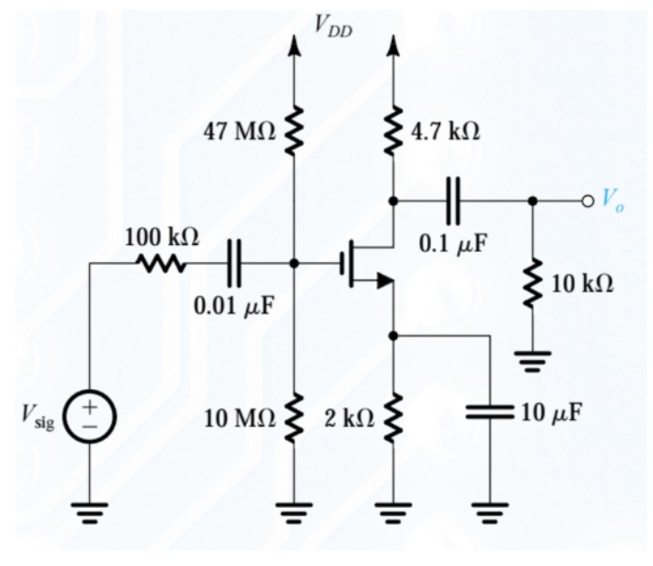 The NMOS transistor in the CS amplifier circuit of the figure is biased to have gm=9.9mA/V. Internal capacitances are Cgs=0.1pF, Cgd=1.3pF. (Ignore ro ) a) Find fL (Select the highest pole as your fL ) b)Find fH (Use Miller approximation.)