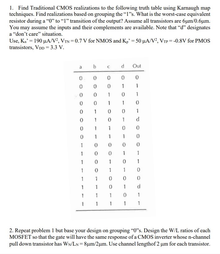 Find Traditional CMOS realizations to the following truth table using Karnaugh map techniques. Find realizations based on grouping the 1 s. What is the worst-case equivalent resistor during a "0" to "1" transition of the output? Assume all transistors are 6um/0.6um. You may assume the inputs and their complements are available. Note that "d" designates a "don't care" situation. Use, Kn' = 190 uA/V2, VTN = 0.7 V for NMOS and Kp' = 50 uA/V2, VTP = -0.8 V for PMOS transistors, VDD = 3.3 V. 2. Repeat problem 1 but base your design on grouping "0"s. Design the W/L ratios of each MOSFET so that the gate will have the same response of a CMOS inverter whose n-channel pull down transistor has WN/LN = 8um/2um. Use channel length of 2 um for each transistor.